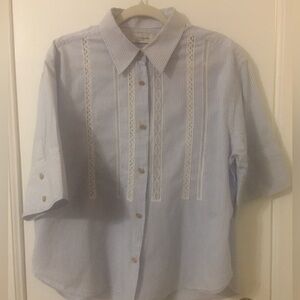 Coach Cotton Women Blouse Blue And White Striped With Lace Inlays Size Large
